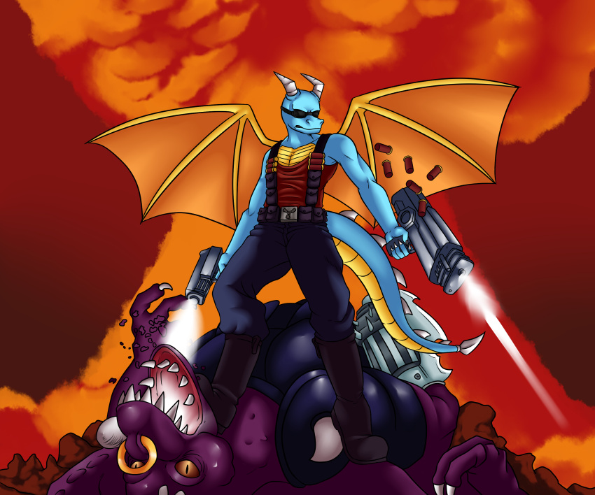 absurd_res anthro beaverbastard belt blue_body blue_bottomwear blue_clothing blue_jeans blue_pants blue_scales boots bottomwear brighton_(brighton1138) clothing cosplay cover cover_art denim denim_clothing dragon dual_wielding duke_nukem_(series) execution explosives eyewear footwear grenade gun handgun hi_res holding_object holding_weapon jeans male orange_wings pants pistol pose ranged_weapon scales shell shirt shot_in_head solo spiked_tail spikes spikes_(anatomy) sunglasses tank_top topwear video_game_cover weapon wings yellow_underbelly