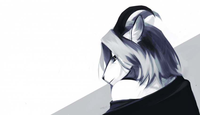 anthro artist_name black_clothing black_topwear bust_portrait clothed clothing ears_back female glistening glistening_eyes grey_eyes grey_hair hair inner_ear_fluff mouth_closed narrowed_eyes pivoted_ears portrait solo species_request topwear tuft unknowhiter white_body white_inner_ear_fluff