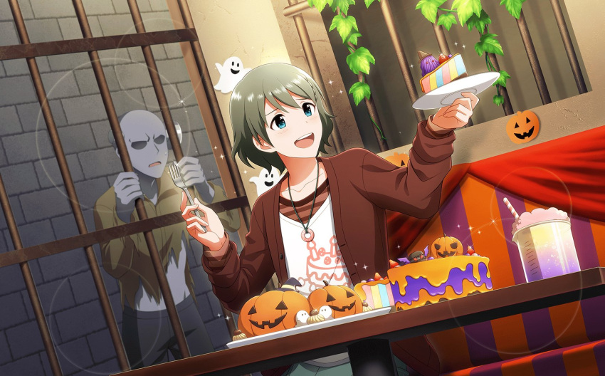 2boys bars blue_eyes braid cake cake_print cup drink drinking_straw fingernails food fork ghost_print highres holding holding_fork holding_plate idolmaster idolmaster_side-m idolmaster_side-m_live_on_stage! long_sleeves male_focus multiple_boys official_art open_mouth plate pumpkin pumpkin_print shirt smile teeth upper_teeth_only uzuki_makio white_shirt zombie