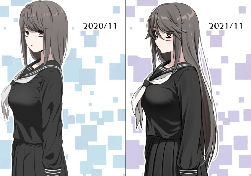 1girl alternate_hair_length alternate_hairstyle anniversary bags_under_eyes before_and_after black_serafuku black_skirt breasts dated expressionless hair_between_eyes highres ikari_manatsu kurai_ano_ko_to_shitai_koto large_breasts long_hair long_sleeves medium_hair multiple_views neckerchief parted_lips pleated_skirt school_uniform serafuku skirt touko_(kurai_ano_ko_to_shitai_koto) very_long_hair white_neckerchief