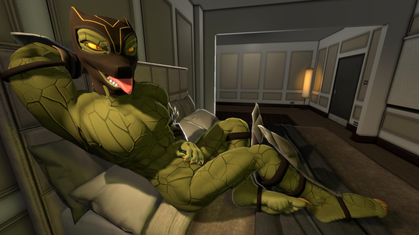 3d_(artwork) 4_toes abs absurd_res anthro armor athletic athletic_anthro barefoot beckoning bed bedroom belly_scales biceps claws clothing digital_media_(artwork) digitigrade fangs feet finger_claws fingers flexing front_view full_body_view furniture gesture green_body green_scales green_skin hand_on_crotch hi_res inviting lizard long_mouth looking_at_viewer lying male monster mortal_kombat muscular muscular_anthro muscular_arms muscular_male muscular_thighs okamical on_back on_bottom on_side orange_sclera pecs pose presenting reptile reptile_(mortal_kombat) scales scalie sharp_teeth smile snout soles solo sonichaxd spikes teeth toe_claws toes tongue tongue_out yellow_sclera