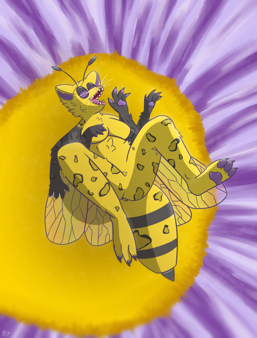 2022 3_toes 4_arms 4_fingers 4arms absurd_res antennae_(anatomy) anthro arthropod bee big_breasts black_eyes blurred_foreground breasts butt canid claws digital_media_(artwork) feet felid feline female fingers flower fur grey_body hair hi_res hybrid hymenopteran insect insect_wings leopard mammal markings mudbuttons multi_arm multi_limb multicolored_hair nude open_mouth pantherine plant purple_body smile snow_leopard solo spots spotted_body spotted_fur striped_markings striped_tail stripes tail tail_markings toes toony unnamed_character whiskers wings yellow_body yellow_fur