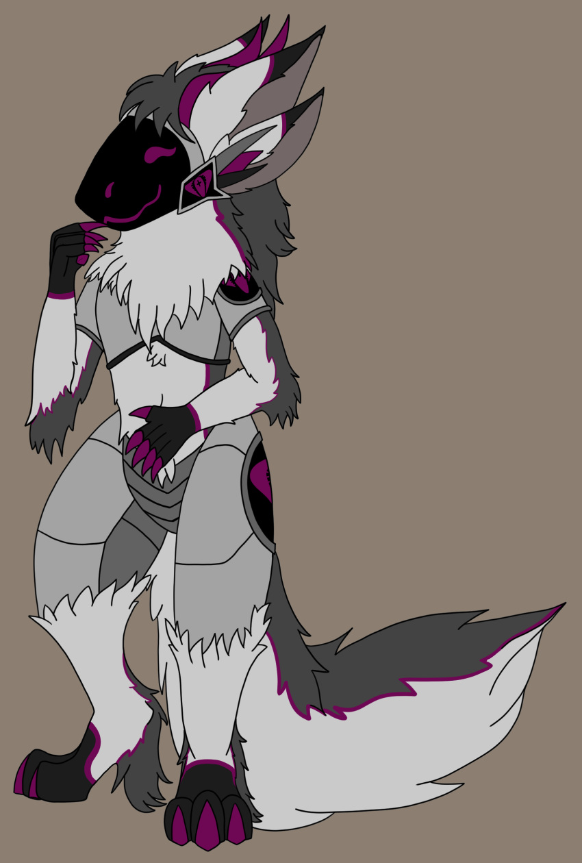 absurd_res anthro armor breastplate claws crotchplate cybernetics female fluffy fur fur_markings grey_body grey_fur hi_res horn hunamarts machine mammal markings multi_ear protogen protogen_visor shizuka(protogen) solo tail visor white_body white_fur