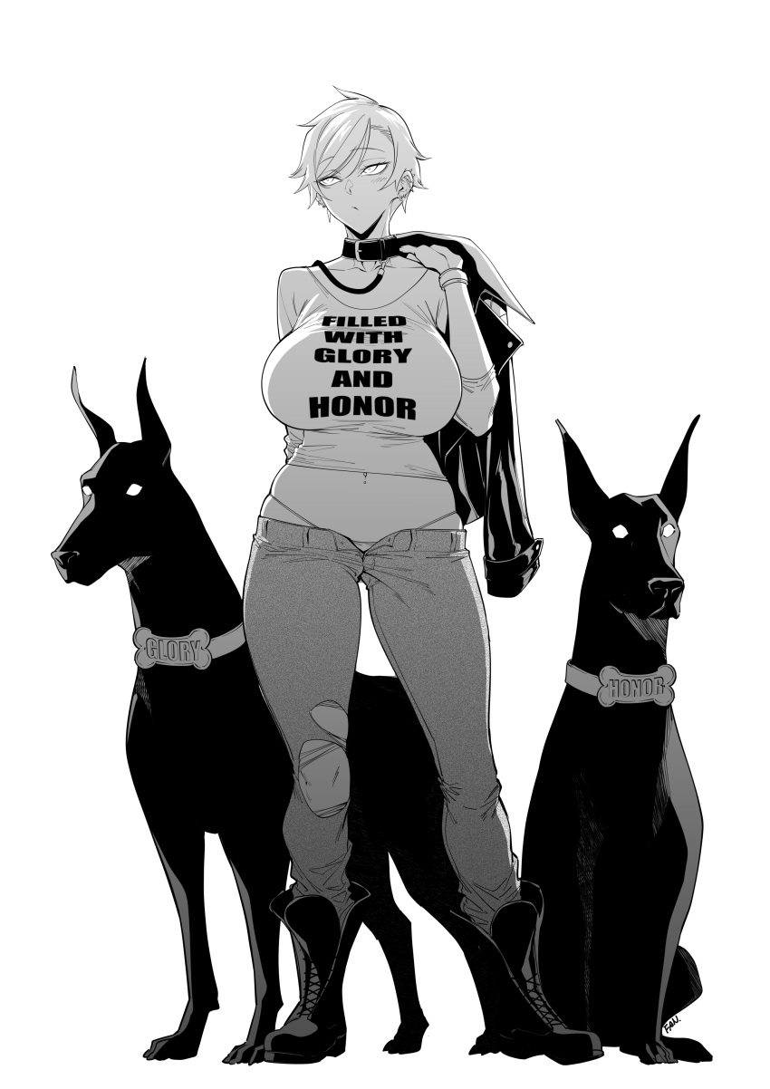 1girl absurdres animal_collar boots breasts collar dog f.w.zholic full_body greyscale highleg highleg_panties highres holding holding_clothes holding_jacket huge_breasts implied_bestiality jacket midriff monochrome navel_piercing original panties pants piercing short_hair sitting standing tomboy torn_clothes torn_pants underwear