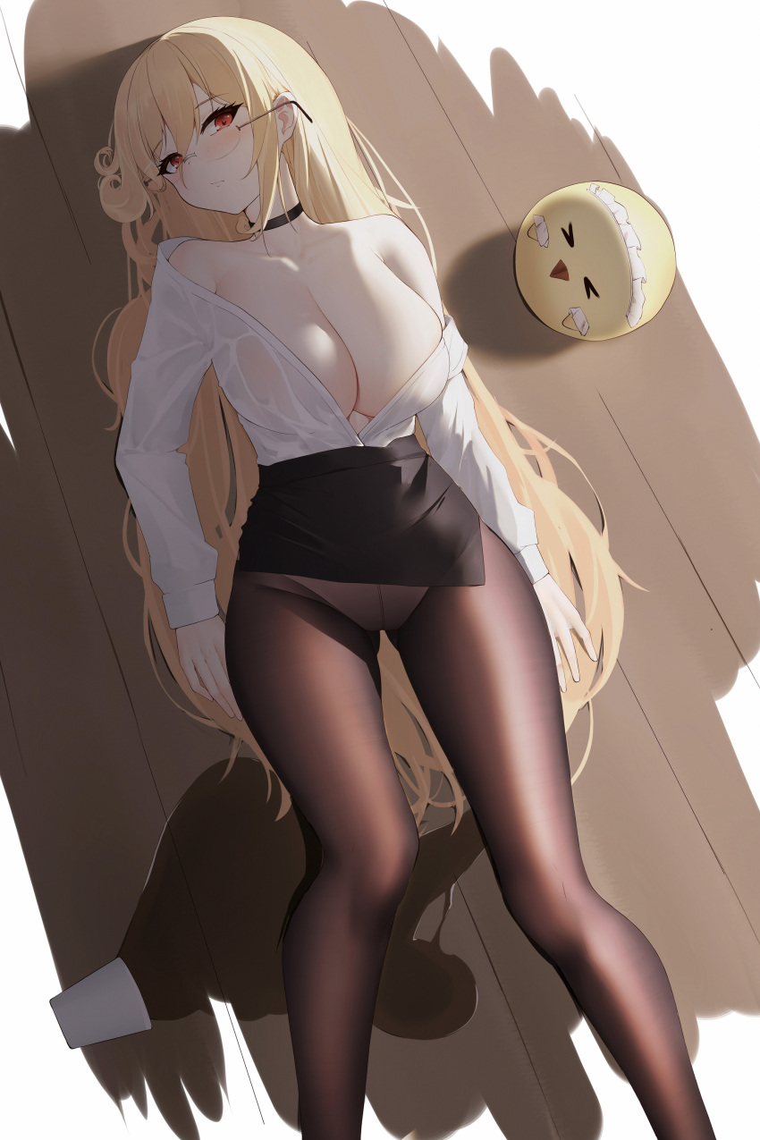 1girl absurdres alternate_costume azur_lane bangs bare_shoulders bird black_choker black_pantyhose black_skirt blonde_hair blush breasts brown_pantyhose choker cleavage closed_mouth collarbone collared_shirt dress_shirt feet_out_of_frame floor from_above glasses hair_between_eyes hair_spread_out head_tilt high-waist_skirt highres implacable_(azur_lane) implacable_(shepherd_of_the_"lost")_(azur_lane) large_breasts legs long_hair long_sleeves looking_at_viewer lying manjuu_(azur_lane) miniskirt no_bra off_shoulder official_alternate_costume on_back on_floor open_clothes open_shirt panties panties_under_pantyhose pantyhose partially_unbuttoned pencil_skirt red_eyes ribbon see-through see-through_shirt shadow shirt shirt_tucked_in single_bare_shoulder skirt spill teacher thighs underwear very_long_hair wet wet_clothes wet_shirt white_panties white_shirt wooden_floor zerotwenty_(020)