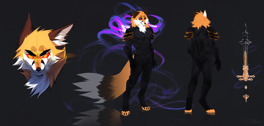 abstract_background absurd_res anthro armor artist_name black_armor black_claws black_markings black_nose brown_body brown_ears brown_fur canid canine cheek_tuft claws clothed clothing dark_body dark_fur facial_markings facial_tuft fangs fox front_view fur head_markings head_tuft hi_res inner_ear_fluff looking_at_viewer male mammal markings melee_weapon model_sheet narrowed_eyes neck_tuft orange_body orange_eyes orange_fur rear_view red_sclera samuel_kiin sharp_teeth solo standing sword teeth tuft unknowhiter weapon white_body white_fur white_inner_ear_fluff