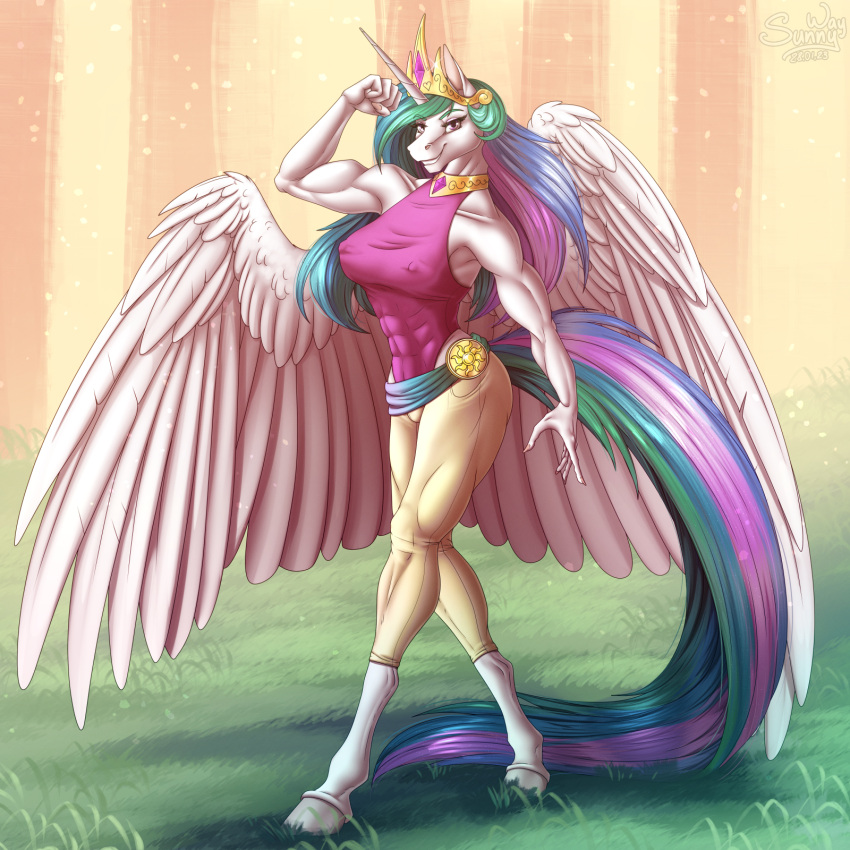 abs anthro athletic bodysuit breasts clothing costume crown digital_drawing_(artwork) digital_media_(artwork) equid equine female flexing forest friendship_is_magic hasbro headgear hi_res horn horse mammal muscular muscular_anthro muscular_female my_little_pony nipples plant pony princess_celestia_(mlp) skinsuit smile solo spread_wings sunny_way tight_clothing tree winged_unicorn wings