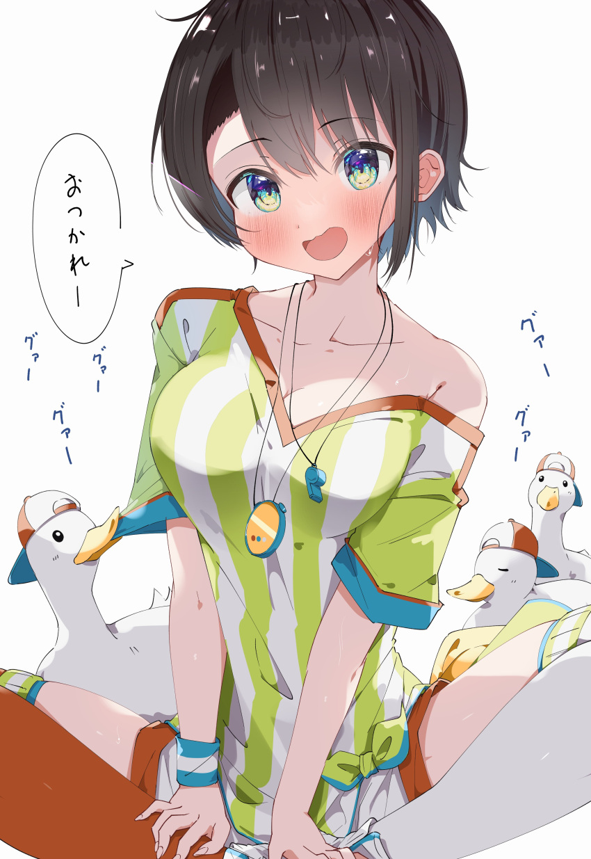 1girl absurdres aqua_eyes asymmetrical_legwear backwards_hat bangs bird blush breasts brown_hair cleavage collarbone duck hat highres hololive indian_style kuno large_breasts looking_at_viewer loose_clothes loose_shirt mismatched_legwear oozora_subaru open_mouth oversized_clothes oversized_shirt red_thighhighs shirt shirt_slip short_hair short_sleeves shorts simple_background single_bare_shoulder sitting solo speech_bubble stopwatch stopwatch_around_neck striped striped_shirt subaru_duck sweatband swept_bangs t-shirt thighhighs tied_shirt translation_request v_arms vertical-striped_shirt vertical_stripes virtual_youtuber white_background white_shorts white_thighhighs wristband