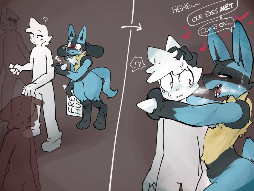 &lt;3 ?! anthro bodily_fluids dialogue duo embrace english_text generation_4_pokemon hi_res hug human lucario male mammal netchy_boo nintendo pokemon pokemon_(species) question_mark sign speech_bubble spikes standing sweat talking_to_another tears text thought_bubble worried