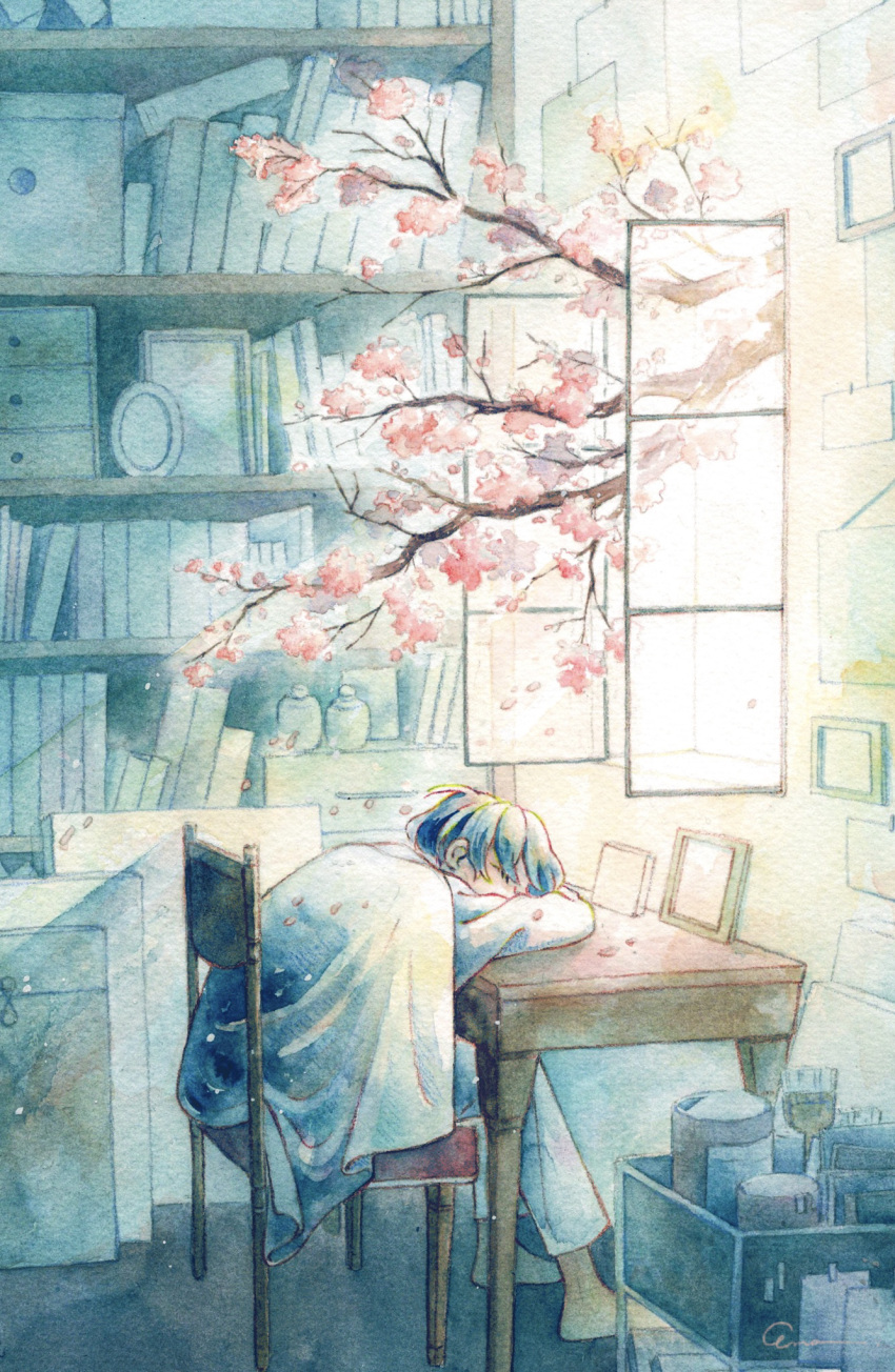 1boy art_supplies blanket blue_hair book bookshelf box branch canvas_(object) chair cherry_blossoms closed_eyes day desk falling_petals highres indoors male_focus mirror onoda_ema original paintbrush painting_(medium) petals short_hair signature sleeping sleeping_on_desk solo table traditional_media watercolor_(medium) window