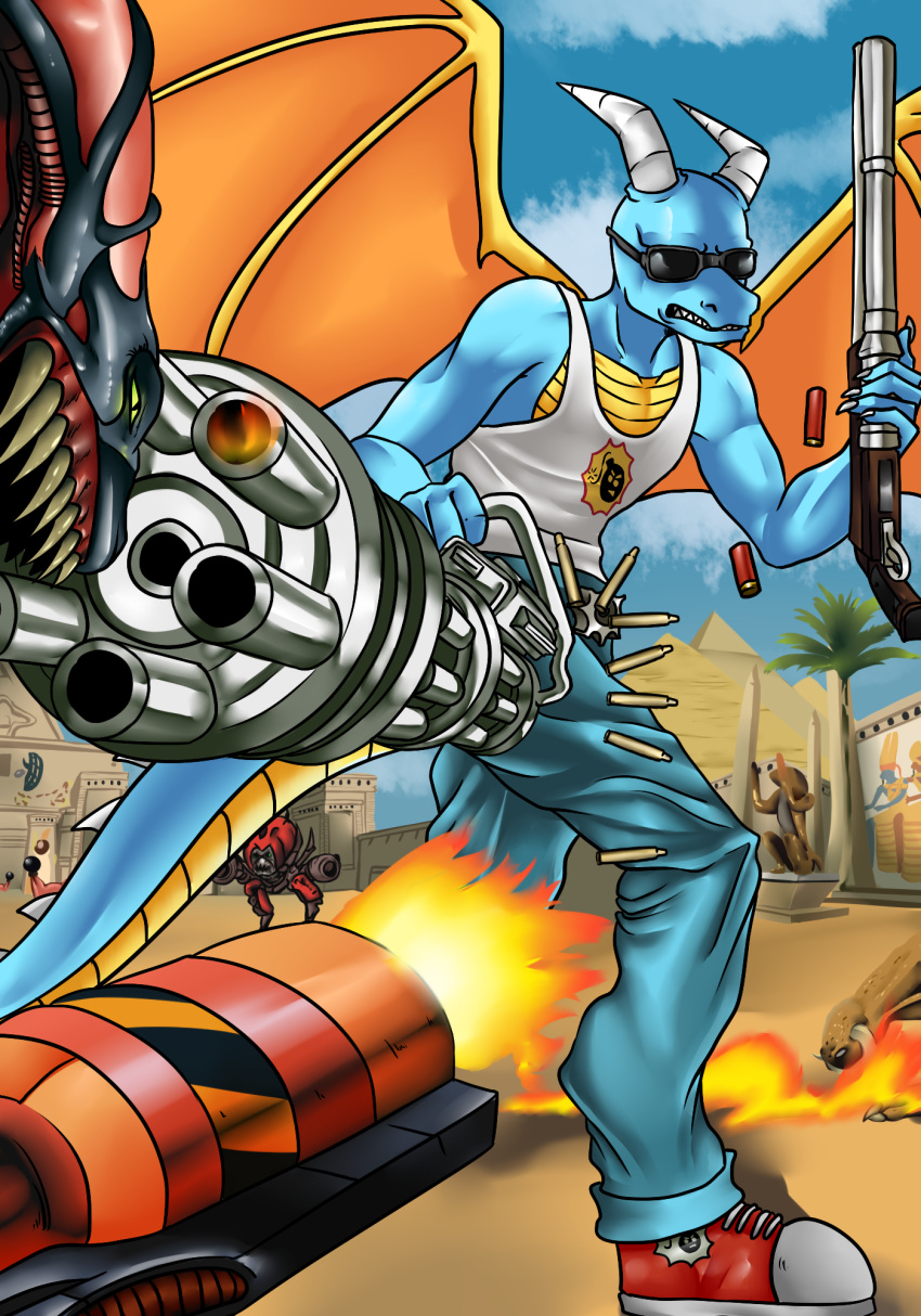 anthro beaverbastard blue_body blue_bottomwear blue_clothing blue_jeans blue_pants blue_scales bottomwear brighton_(brighton1138) clothed clothing cover cover_art denim denim_clothing desert dragon dual_wielding egyptian eyewear footwear gatling_gun gun hi_res holding_object holding_weapon horn jeans machine_gun male minigun orange_wings pants pyramid ranged_weapon red_clothing red_footwear red_shoes scales sculpture serious_sam serious_sam_logo shell_(projectile) shirt shoes shooting shotgun shotgun_shell sneakers solo spiked_tail spikes spikes_(anatomy) statue sunglasses tank_top topwear video_game_cover weapon wings yellow_underbelly