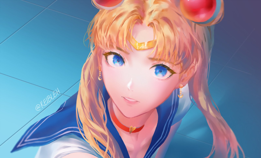 1girl bangs bishoujo_senshi_sailor_moon blonde_hair blue_eyes blue_sailor_collar choker collarbone crescent crescent_earrings double_bun earrings english_commentary hair_bun hair_ornament hair_over_shoulder heart heart_choker highres jewelry keibleh long_hair looking_at_viewer meme parted_lips red_choker sailor_collar sailor_moon sailor_moon_redraw_challenge_(meme) sailor_senshi_uniform shirt solo tiara tsukino_usagi twintails twitter_username white_shirt