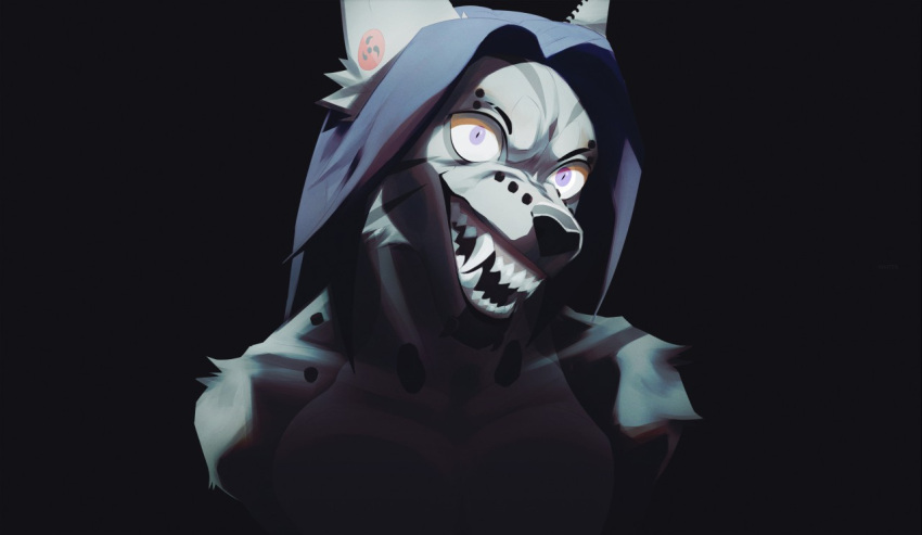 anthro artist_name black_background black_nose blue_hair bust_portrait cheek_tuft chin_piercing facial_tuft fangs front_view fur grey_body grey_fur hair insane looking_at_viewer male nude open_mouth pecs portrait purple_eyes sharp_teeth simple_background solo teeth tuft unknowhiter