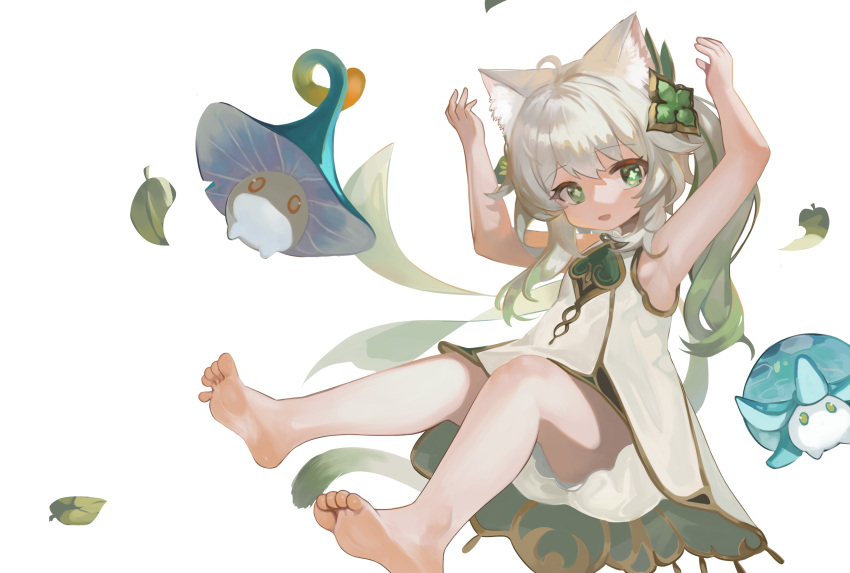 1girl absurdres ahoge animal_ear_fluff animal_ears aranara_(genshin_impact) armpits bangs bare_arms bare_shoulders barefoot bloomers cat_ears commentary_request dokomon dress full_body fungi_(genshin_impact) genshin_impact gradient_hair green_eyes green_hair grey_hair hair_between_eyes hair_ornament highres korean_commentary multicolored_hair nahida_(genshin_impact) simple_background sleeveless sleeveless_dress soles solo toes underwear white_background white_bloomers white_dress