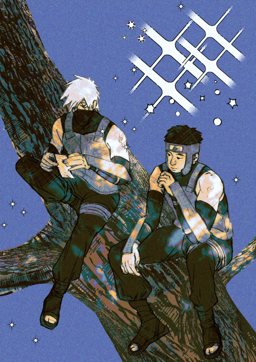 2boys arm_armor arm_guards armor bangs bare_shoulders black_footwear black_mask black_pants black_shirt blue_background bodysuit brown_hair chest_armor covered_face dappled_sunlight detached_sleeves expressionless forehead_protector full_body hair_between_eyes hands_up hatake_kakashi highres holding holding_paper in_tree japanese_clothes knee_up konohagakure_symbol looking_at_another looking_at_object mask mouth_mask multiple_boys muozu naruto naruto_(series) naruto_shippuuden ninja ninja_mask pants paper scar scar_across_eye shirt short_hair sitting sitting_in_tree sparkle spiked_hair sunlight thigh_strap toeless_footwear tree white_hair yamato_(naruto)