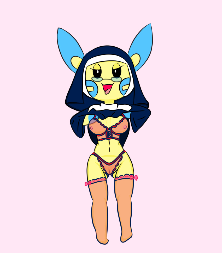 anthro clothing female flashing generation_3_pokemon hi_res humanoid lingerie mammal minun mouse murid murine nintendo nun nun_outfit pokemon pokemon_(species) riverxa rodent solo undressing