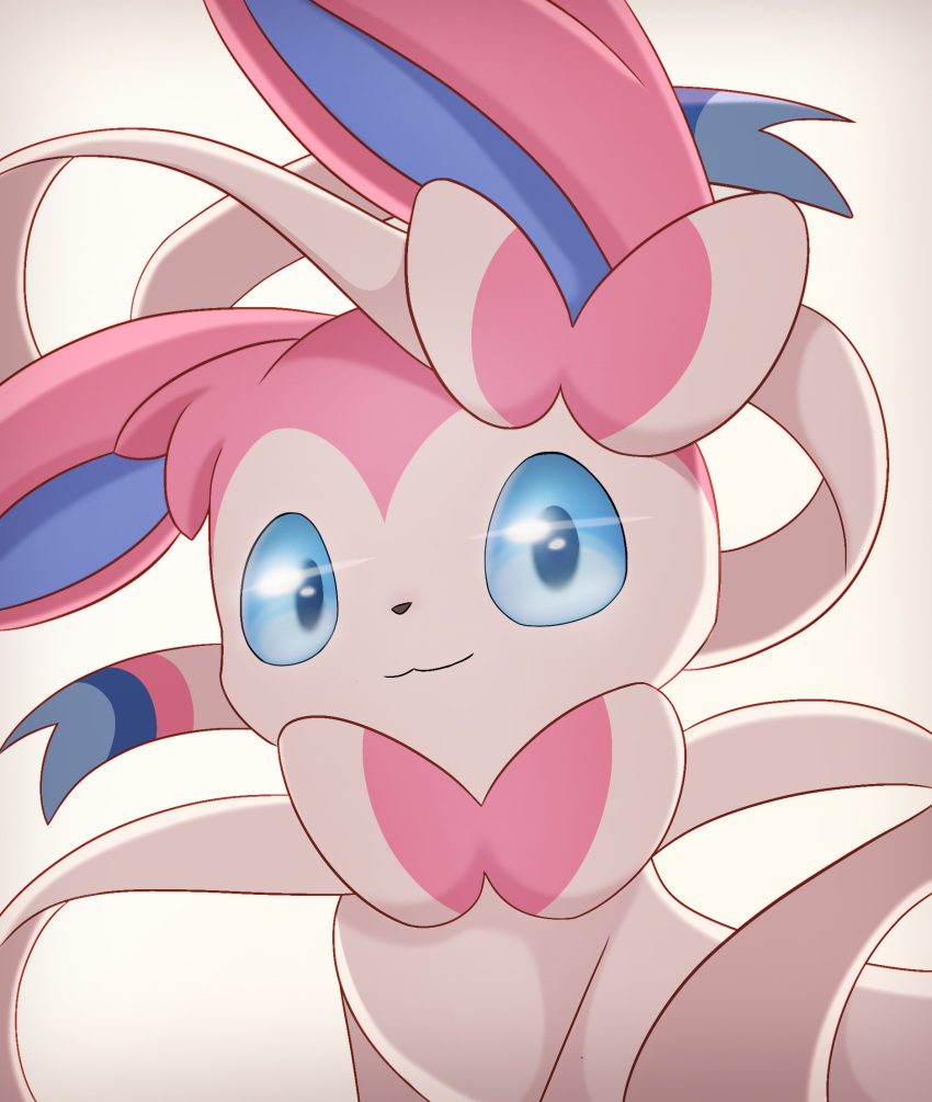 2023 ambiguous_gender black_nose blue_eyes blue_inner_ear eeveelution feral fur generation_6_pokemon hi_res looking_at_viewer nintendo pink_body pink_ears pink_fur pokemon pokemon_(species) raku_700 ribbons_(anatomy) solo sylveon white_body