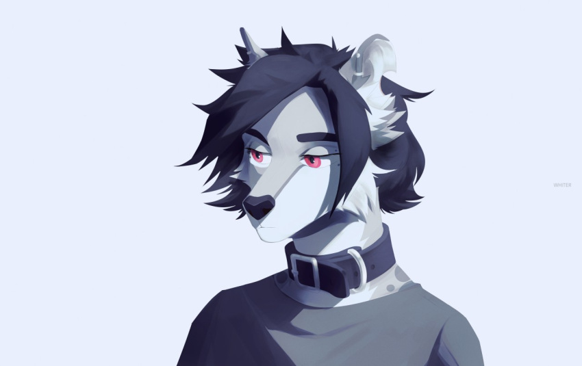 ambiguous_gender anthro artist_name black_collar black_hair black_nose bust_portrait canid clothed clothing collar ear_piercing ear_ring ear_stud fur glistening glistening_eyes grey_body grey_clothing grey_fur grey_shirt grey_t-shirt grey_topwear hair mammal mouth_closed narrowed_eyes piercing portrait red_eyes ring_piercing shirt solo t-shirt topwear unknowhiter white_body white_fur