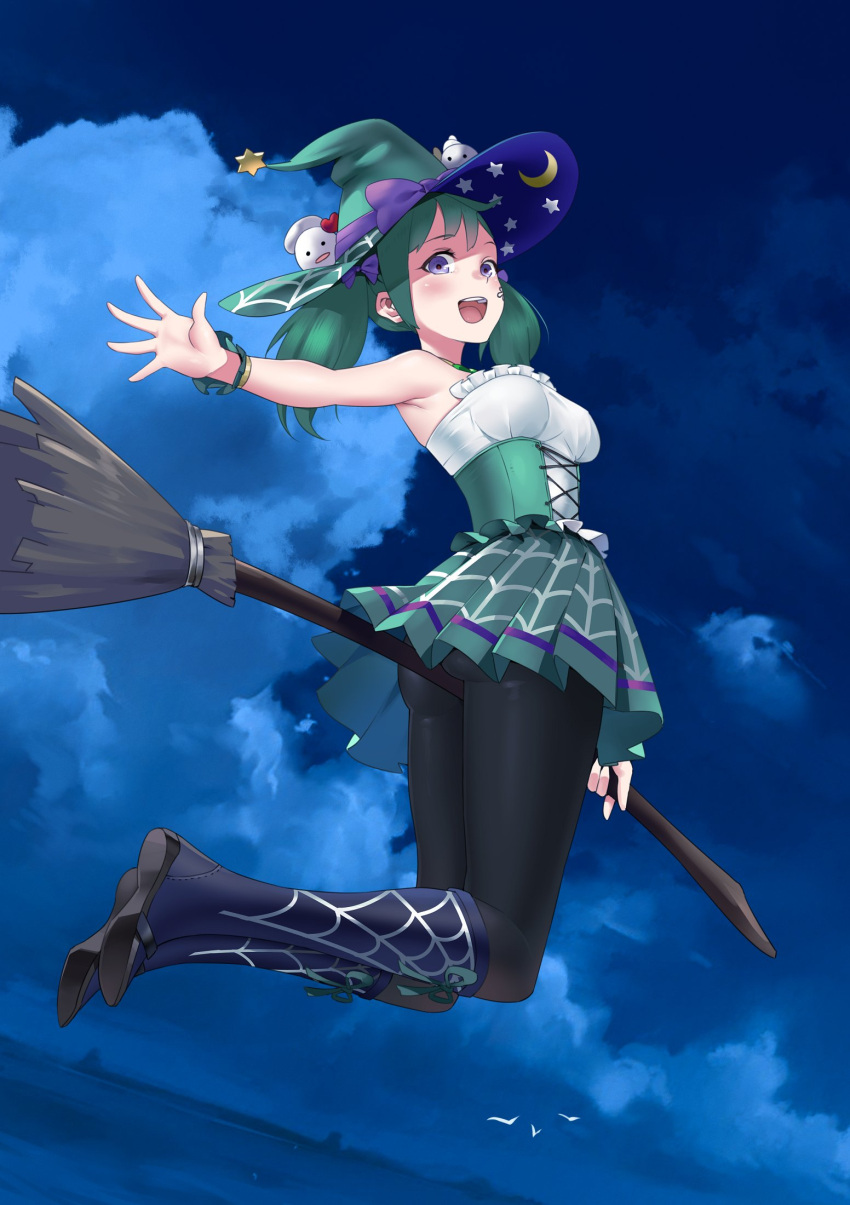 1girl alternate_costume ass boots breasts broom broom_riding fire_emblem fire_emblem_fates green_bracelet green_hair green_skirt halloween_costume hat highres igni_tion medium_breasts midori_(fire_emblem) open_mouth purple_eyes short_twintails skirt teeth twintails upper_teeth_only witch witch_hat