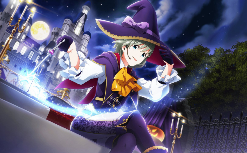 1boy bangs blue_eyes castle crossed_legs full_moon gloves hand_on_headwear hat headset highres idolmaster idolmaster_side-m idolmaster_side-m_live_on_stage! magic male_focus moon night night_sky official_alternate_costume official_art pumpkin sky solo tongue tongue_out uzuki_makio wand witch_hat