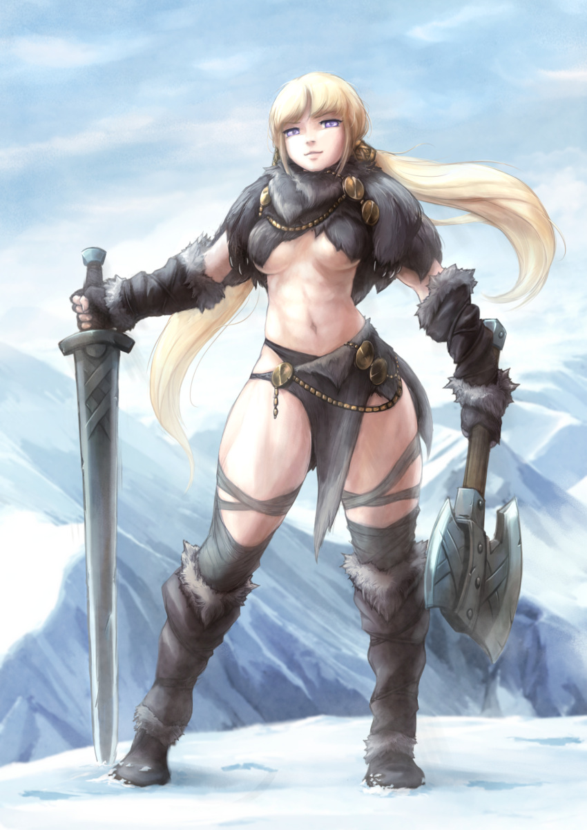 1girl abs arm_warmers armor axe barbarian battle_axe blonde_hair breasts brooch capelet clip_studio_paint_(medium) commentary_request dual_wielding english_commentary fingerless_gloves full_body fur_capelet fur_trim gloves greaves grey_thighhighs highres holding holding_axe ironlily jewelry leg_warmers leg_wrap long_hair low_twintails making-of_available medium_breasts mixed-language_commentary mountain original pelvic_curtain planted planted_sword purple_eyes revision snow solo standing sword thick_thighs thighhighs thighs twintails underboob weapon