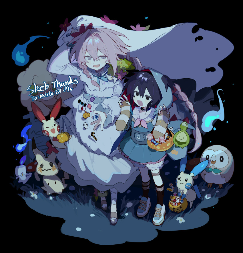 2girls absurdres basket black_hair black_socks bloomers braid budew candy commission commissioner_name dress flower food full_body hair_flower hair_intakes hair_ornament highres holding holding_basket hood hood_up hoodie huasha1116 leg_belt long_hair long_sleeves low-braided_long_hair mimikyu minun multiple_girls original pink_hair plusle pokemon pokemon_(creature) rowlet shaymin shaymin_(land) short_hair skeb_commission socks standing striped thigh_strap underwear very_long_hair whimsicott white_bloomers white_dress