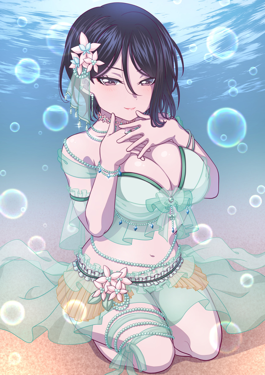 1girl asymmetrical_hair bang_dream! bangs bare_shoulders belly_chain bikini bikini_under_clothes black_hair bracelet breasts bubble cleavage earrings feet_out_of_frame flower full_body green_bikini hair_flower hair_ornament hands_up highres jewelry kitayu lace_trim large_breasts legs light_smile looking_at_viewer morfonica navel necklace ocean official_alternate_costume own_hands_together pearl_bracelet purple_eyes sand see-through short_hair sidelocks sitting solo swimsuit thighlet underwater wariza water yashio_rui