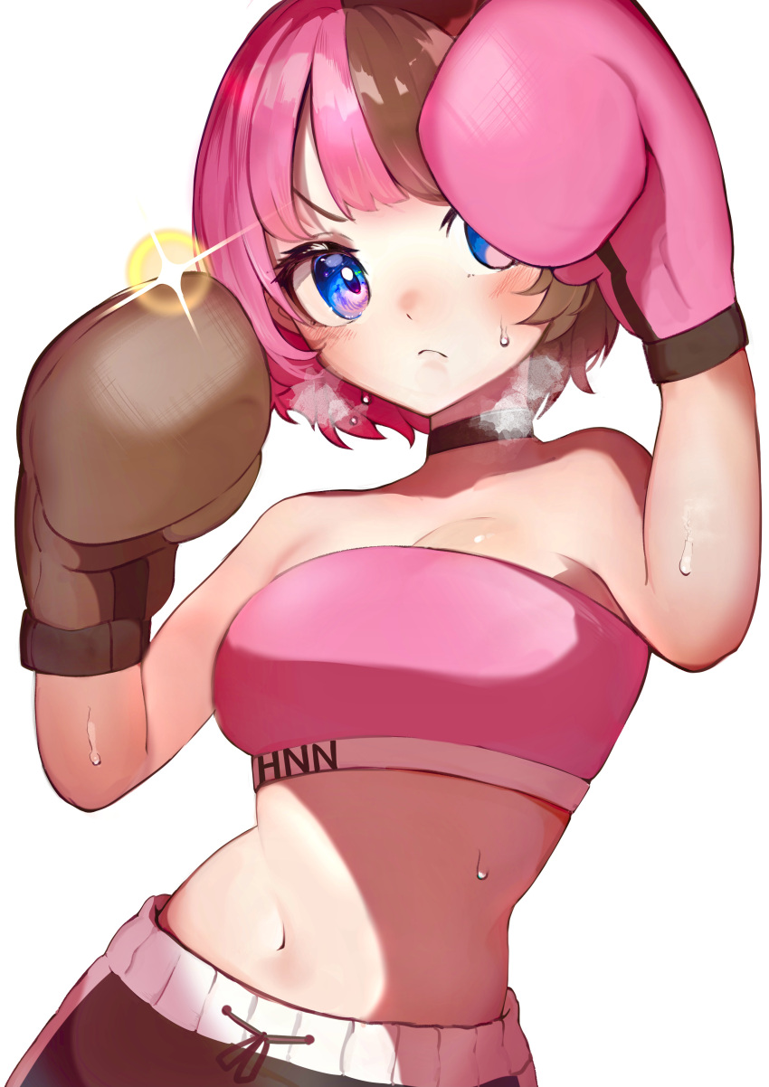 1girl absurdres bandeau bangs bare_shoulders blue_eyes blush boxing_gloves boxing_shorts breasts breath brown_choker brown_hair choker clothes_writing crocodile_(965dilia) frown highres looking_at_viewer medium_breasts multicolored_hair navel pink_bandeau pink_hair short_hair shorts simple_background solo sparkle split-color_hair stance stomach strapless sweat tachibana_hinano_(vtuber) tube_top two-tone_hair virtual_youtuber vspo! white_background