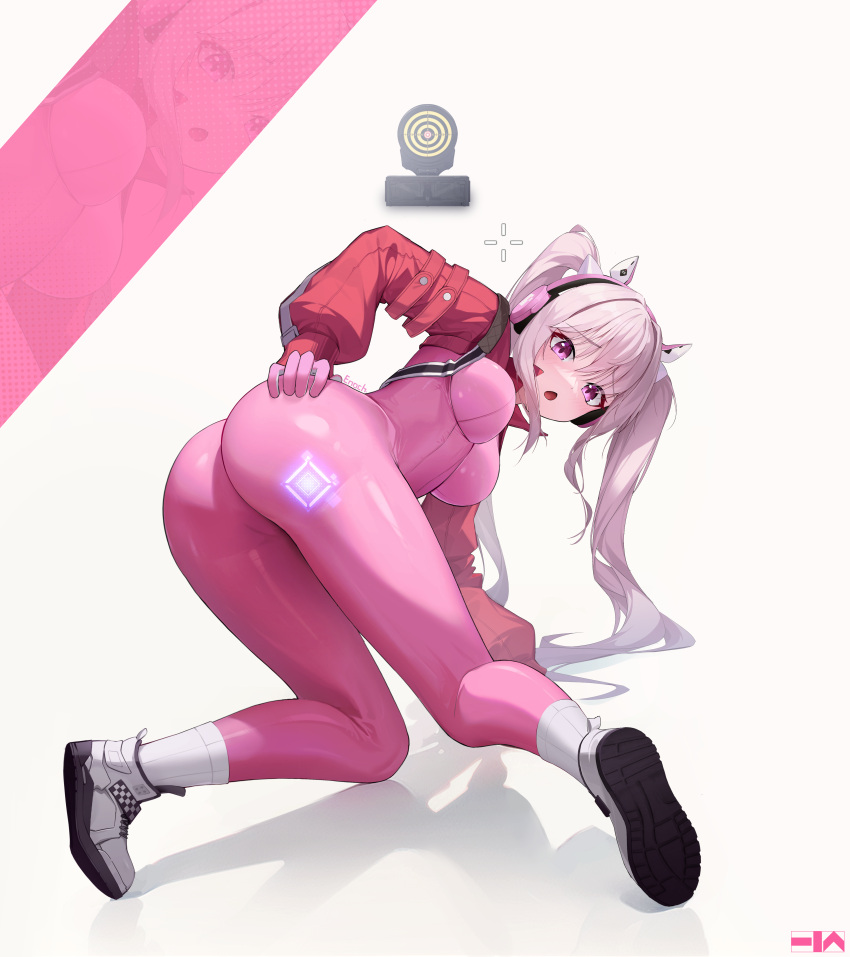 1girl absurdres alice_(nikke) animal_ear_headphones animal_ears ass back bangs bent_over blush bodysuit breasts cropped_jacket enoch_(enoch1368) fake_animal_ears from_behind gloves goddess_of_victory:_nikke grey_hair headphones highres impossible_bodysuit impossible_clothes jacket latex latex_bodysuit long_hair looking_at_viewer looking_back medium_breasts multicolored_clothes multicolored_gloves open_mouth pink_bodysuit pink_eyes pink_gloves pink_headphones red_jacket revision shoes shrug_(clothing) sidelocks skin_tight sneakers solo twintails two-tone_gloves white_footwear white_gloves