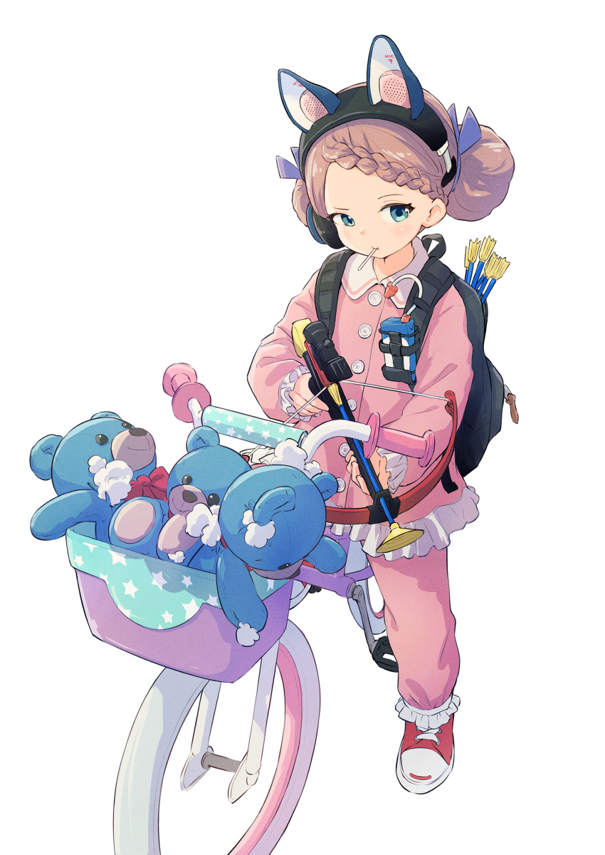 1girl absurdres animal_ear_headphones animal_ears arrow_(projectile) backpack bag bangs basket bicycle bicycle_basket black_bag blue_eyes blue_ribbon braid braided_bangs brown_hair buttons candy cat_ear_headphones cat_ears closed_mouth collared_jacket commentary_request crossbow double_bun eyelashes fake_animal_ears food food_in_mouth frilled_jacket frilled_pants frilled_sleeves frills ground_vehicle hair_bun hair_ribbon headphones highres holding holding_crossbow holding_weapon jacket lollipop long_sleeves looking_at_viewer nakamori_kemuri original pants parted_bangs pink_jacket pink_pants red_footwear ribbon shoes simple_background single_braid sitting solo stuffed_animal stuffed_toy teddy_bear weapon white_background