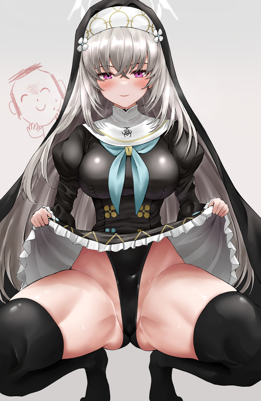 1girl absurdres arona's_sensei_doodle_(blue_archive) bangs black_dress black_leotard black_thighhighs blue_archive blush breasts clothes_lift covered_navel dress dress_lift grey_hair habit halo highleg highleg_leotard highres justina_follower_(blue_archive) large_breasts latex latex_leotard lds_(dstwins97) leotard leotard_under_clothes long_hair long_sleeves looking_at_viewer nun open_mouth purple_eyes revision sakurako_(blue_archive) sensei_(blue_archive) smile squatting thighhighs thighs