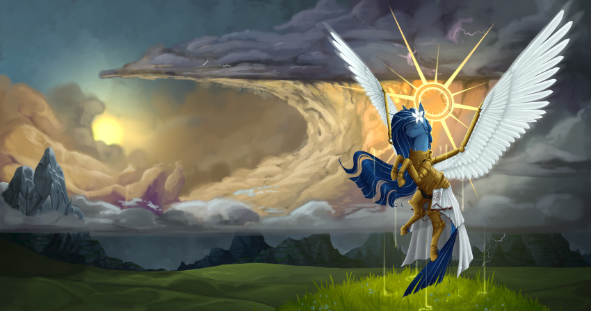 2023 absurd_res accessory armor clothed clothing cloudscape detailed_background digital_media_(artwork) equid equine fan_character female feral flower flower_in_hair hair hair_accessory halo hasbro hi_res horn horse long_hair mammal mountain my_little_pony plant pony sky smile solo stray_prey unicorn wings