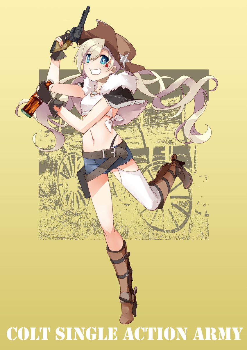 1girl absurdres arm_up belt blonde_hair blue_eyes boots bottle breasts brown_footwear brown_headwear character_name coca-cola colt_revolver_(girls'_frontline) colt_single_action_army commentary cowboy_hat crop_top denim denim_shorts facial_mark finger_on_trigger fingerless_gloves full_body girls'_frontline gloves gun hair_between_eyes hand_up handgun hat highres holding holding_bottle holding_weapon holster knee_boots long_hair looking_at_viewer navel open_mouth revolver short_hair shorts small_breasts smile soda solo star_(symbol) thighhighs twintails weapon yumenotsuzuki