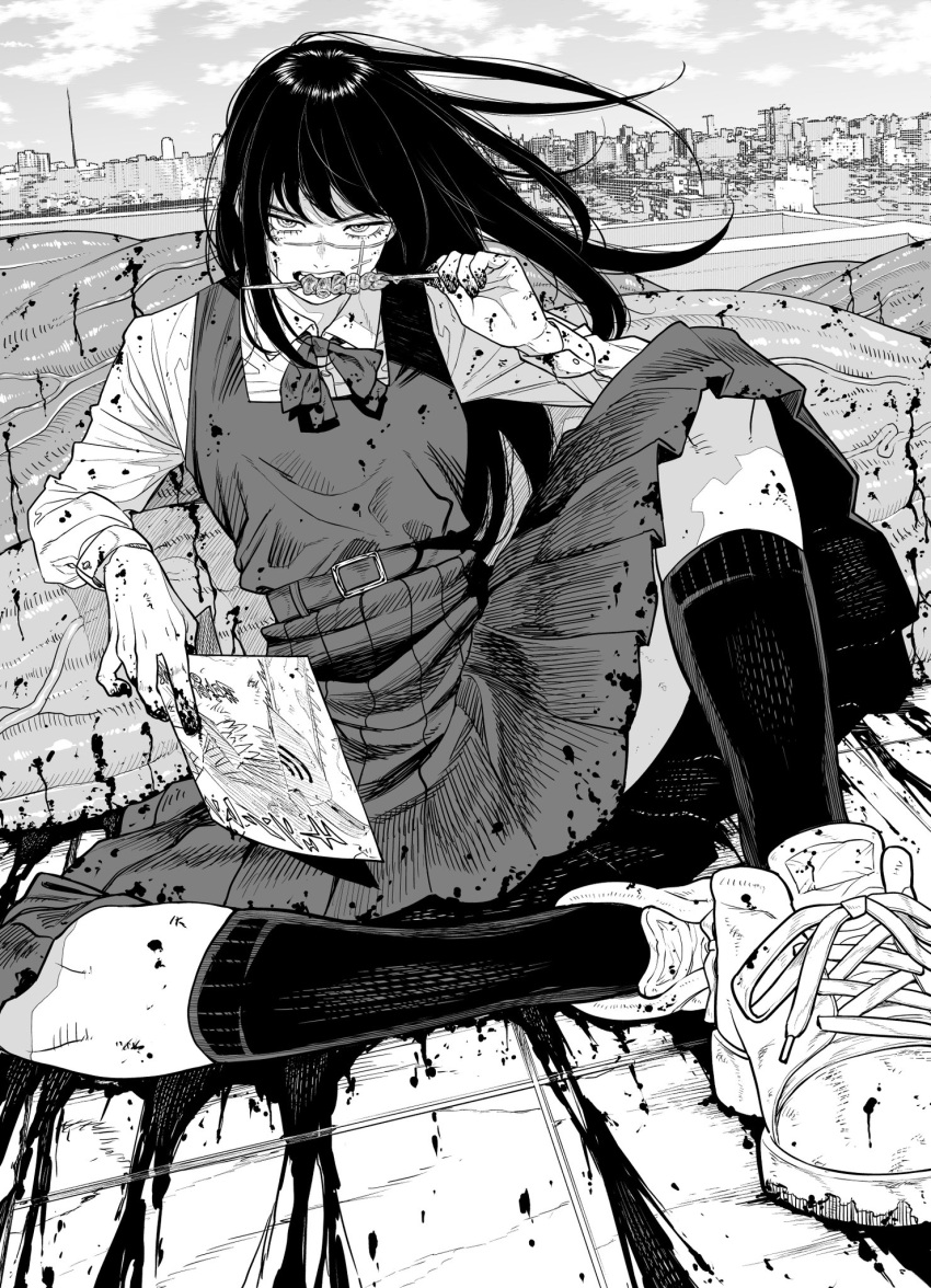 1girl bangs biting black_hair blood blood_on_clothes blood_on_face blood_on_ground blood_on_hands blood_spray chainsaw chainsaw_man cross_scar denji_(chainsaw_man) dress flesh food fourth_east_high_school_uniform greyscale highres holding holding_food kanazawa_shinnosuke kebab long_hair looking_at_viewer monochrome paper pinafore_dress ringed_eyes scar scar_on_cheek scar_on_face school_uniform solo yoru_(chainsaw_man)