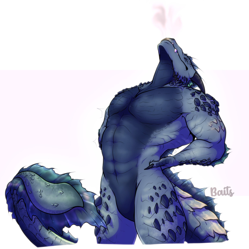 2021 abs absurd_res anthro aquatic_dragon arm_spikes artist_name baits blue_body blue_scales breath casual_nudity dragon ear_frill elbow_frill facial_spikes featureless_crotch frill_(anatomy) head_crest head_frill hi_res horn invalid_tag jaw_spikes jrain male marine muscular muscular_anthro muscular_male pecs scales scalie shoulder_spikes simple_background solo spikes spikes_(anatomy) stretching stretching_back tail tail_frill thich_spikes white_background