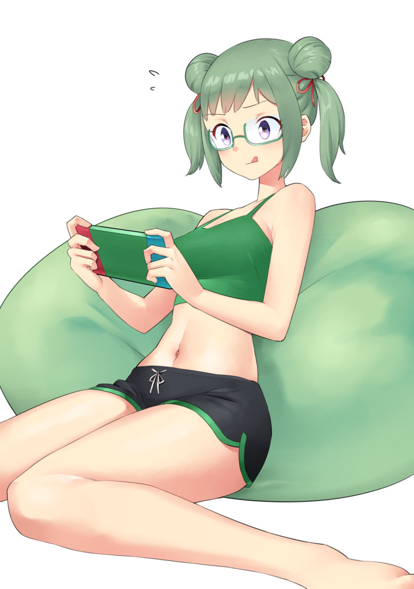 1girl alternate_costume bare_shoulders breasts casual fire_emblem fire_emblem_fates glasses green_hair highres igni_tion medium_breasts midori_(fire_emblem) navel nintendo_switch playing_games purple_eyes short_twintails shorts tongue tongue_out twintails