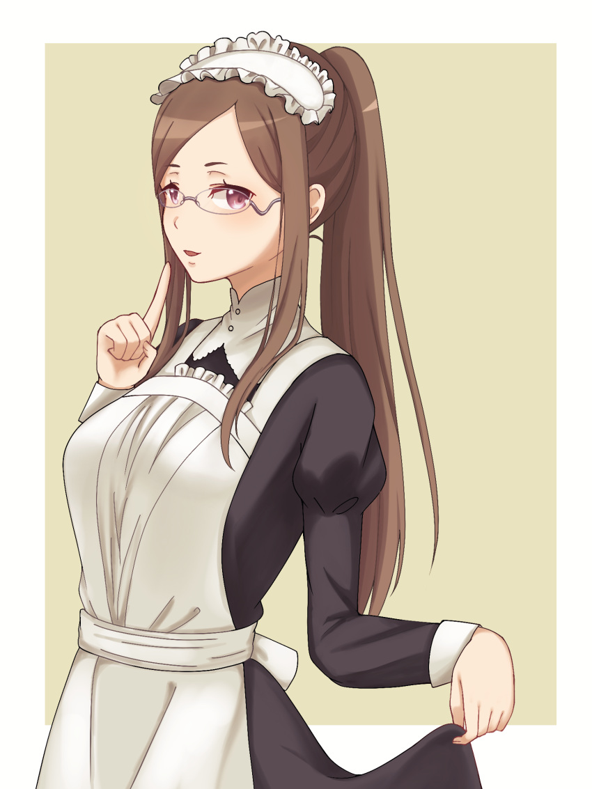 1girl alternate_costume apron black_dress brown_eyes brown_hair dddomatesu dorothy_(princess_principal) dress enmaided glasses highres index_finger_raised long_hair looking_at_viewer maid maid_headdress princess_principal solo white_apron