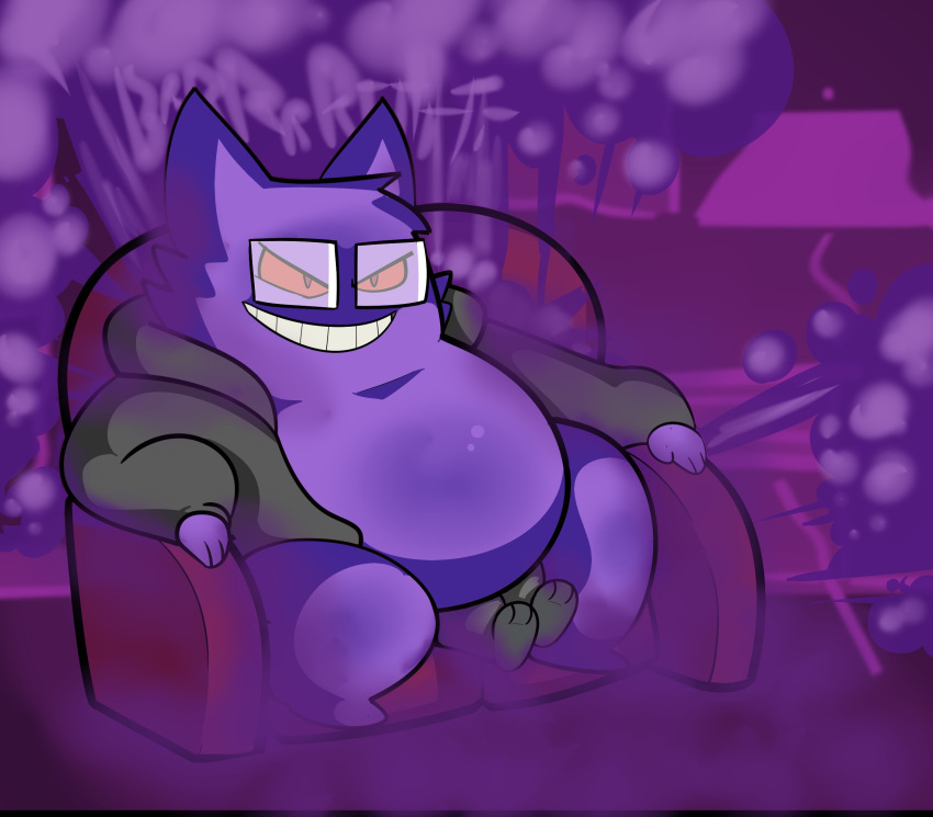 2023 ambiguous_gender anthro clothing colored duo english_text eyewear fart fart_cloud fart_fetish furniture generation_1_pokemon gengar glasses hi_res jacket male nintendo no_shirt on_top on_top_of onomatopoeia overweight overweight_male pantsless pokemon pokemon_(species) purple_body shaded sitting sofa sound_effects squiddy62 text three-quarter_view topwear