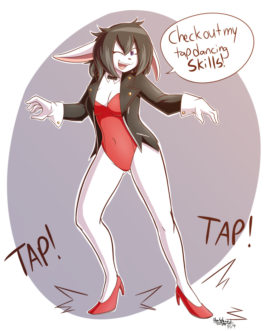 2019 anthro artist_name bare_legs bent_leg black_bow_tie black_clothing black_hair black_jacket black_neckwear black_topwear bow_tie breasts bunny_costume button_(fastener) cleavage clothed clothing contact_onomatopoeia costume dance_shoes dancewear dancing dated dialogue ears_down eyebrow_through_hair eyebrows eyelashes eyelashes_through_hair female footwear fur glistening glistening_hair gloves grey_body grey_fur hair handwear hi_res high_heels howsplendid impact_emanata impact_onomatopoeia jacket lagomorph leotard leporid looking_at_viewer mammal navel one_eye_closed onomatopoeia open_mouth open_smile pivoted_ears plantigrade pockets purple_eyes rabbit raised_heel red_clothing red_footwear red_heels red_leotard red_shoes shoes signature simple_background smile smiling_at_viewer solo sound_effects speech_bubble susie_liya tap_dancing tap_shoes text topwear translucent translucent_hair white_clothing white_gloves white_handwear wink winking_at_viewer zipper_jacket