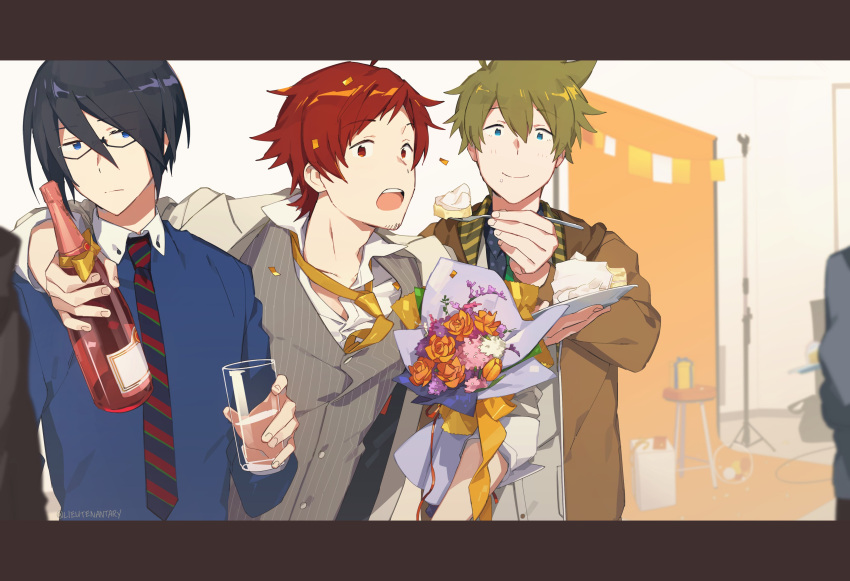 3boys absurdres black_hair blue_eyes bouquet cake collared_shirt cup dramatic_stars_(idolmaster) drink facial_hair feeding fingernails food fork glasses green_hair highres holding holding_cup holding_fork idolmaster idolmaster_side-m kashiwagi_tsubasa lieutenantary male_focus multiple_boys necktie red_eyes red_hair sakuraba_kaoru semi-rimless_eyewear shirt smile stubble teeth tendo_teru upper_teeth_only