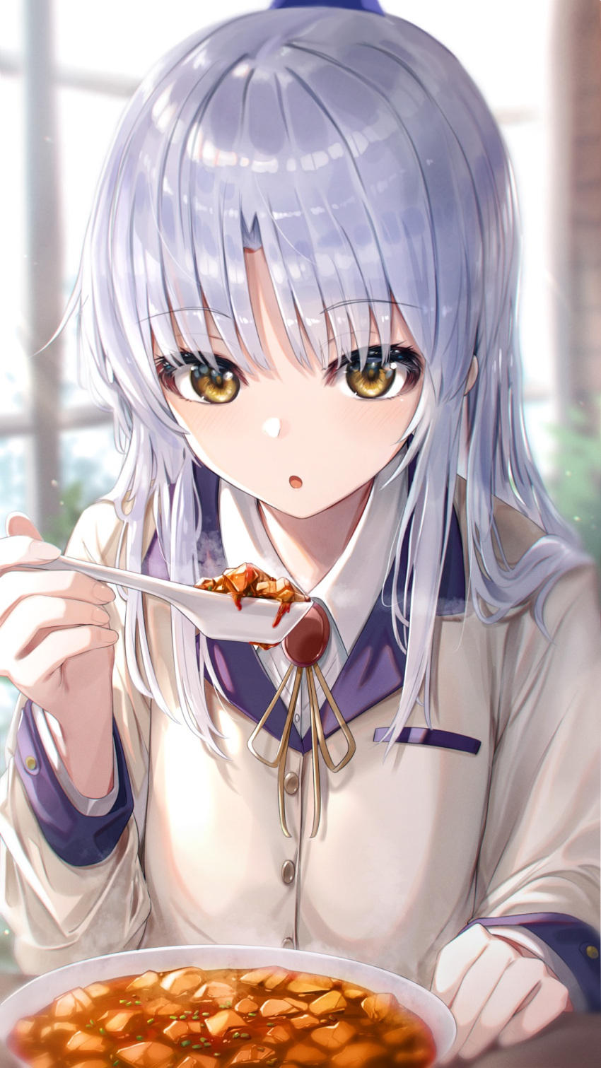 1girl angel_beats! bangs blazer collared_shirt food heaven_burns_red highres holding holding_spoon jacket kurokuro_illust long_hair long_sleeves mapo_tofu neck_ribbon parted_lips ribbon school_uniform shirt solo spoon tachibana_kanade white_hair white_shirt yellow_eyes yellow_jacket yellow_ribbon