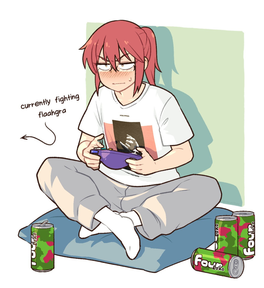 1girl alcohol blush clip_studio_paint_(medium) commission english_text flat_chest four_loko gamecube_controller glasses highres indian_style kobayashi-san_chi_no_maidragon kobayashi_(maidragon) metroid pants pillow polyphia_(band) ponytail red_hair semi-rimless_eyewear shadow shirt sitting sitting_on_pillow socks solo sweatdrop sweatpants vibrantrida white_shirt white_socks