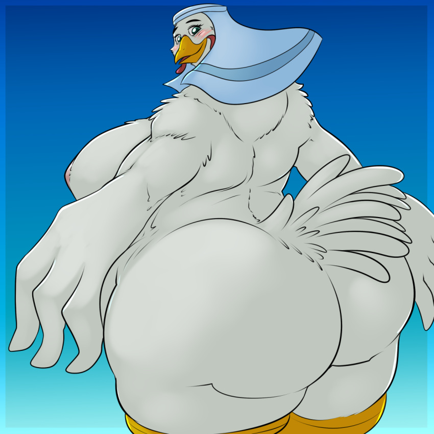 2023 anthro avian beak ben300 big_butt bird blush blush_lines breasts butt chicken clothing disney feathers female galliform gallus_(genus) headgear headgear_only headwear headwear_only hi_res lady_kluck looking_at_viewer looking_back mostly_nude nipples overweight overweight_anthro overweight_female phasianid rear_view robin_hood_(disney) side_boob smile smiling_at_viewer solo tail_feathers white_body white_feathers