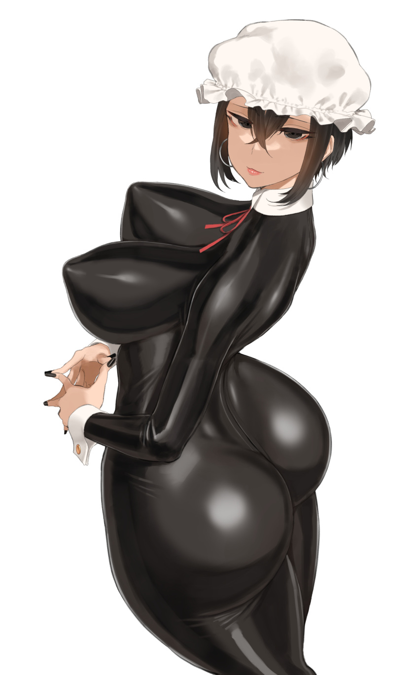 1girl apron ass ass_focus bangs black_bodysuit black_nails bodysuit breasts cleavage covered_nipples crossed_bangs earrings highres hoop_earrings huge_ass huge_breasts jewelry latex latex_bodysuit original sidelocks skin_tight solo thick_thighs thighs throtem wrist_cuffs