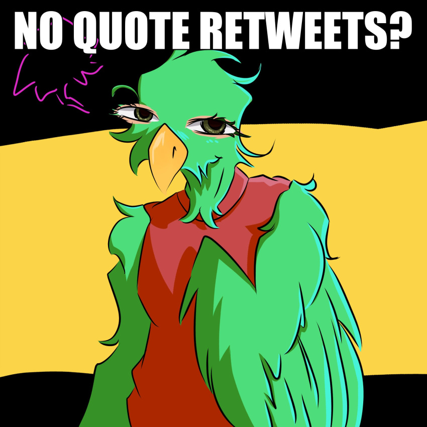 ambiguous_gender anthro avian beak bird clothing feathered_wings featherfall feathers green_body green_eyes green_feathers hi_res humor meme parrot quote_retweets_bird red_clothing simple_background solo text twitter_bird wings yellow_beak