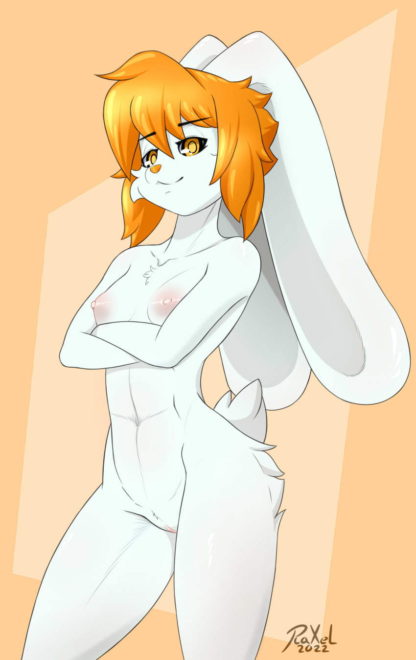 absurd_res anthro arm_under_breasts big_ears breasts crossed_arms derby_(mrbuttonboi) female fur genitals hi_res long_ears nipples nude orange_body orange_eyes orange_fur pink_nipples pussy rabbut raxel short_tail small_breasts solo standing tail white_body white_fur