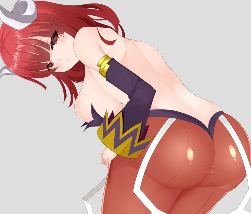 1girl ass back breasts demon_girl demon_horns horns la_pucelle large_breasts looking_at_viewer maou_prier medium_hair prier red_eyes red_hair sawanouchi sideboob simple_background smile solo