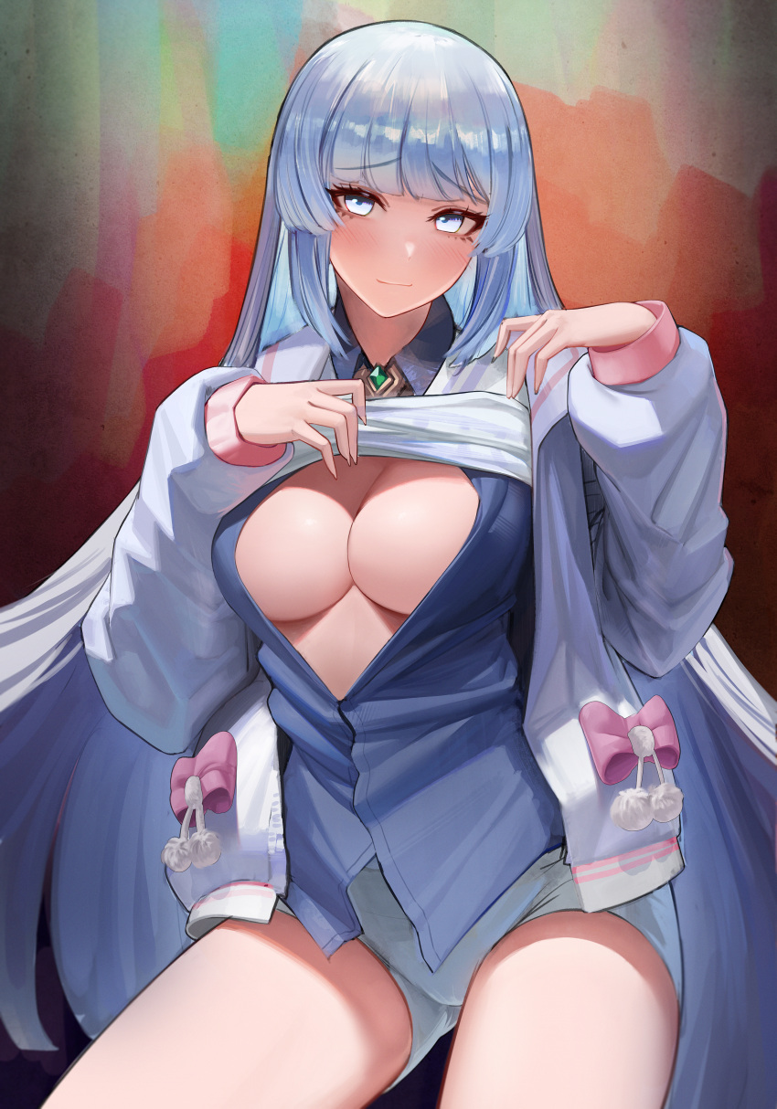 1girl absurdres blue_eyes blue_hair blunt_ends breasts cleavage closed_mouth clothes_lift cowboy_shot elesis_(elsword) elsword hantata highres jacket large_breasts long_hair long_sleeves looking_at_viewer open_clothes open_shirt partially_unbuttoned short_shorts shorts simple_background smile solo sweater_vest thick_eyelashes tsurime very_long_hair