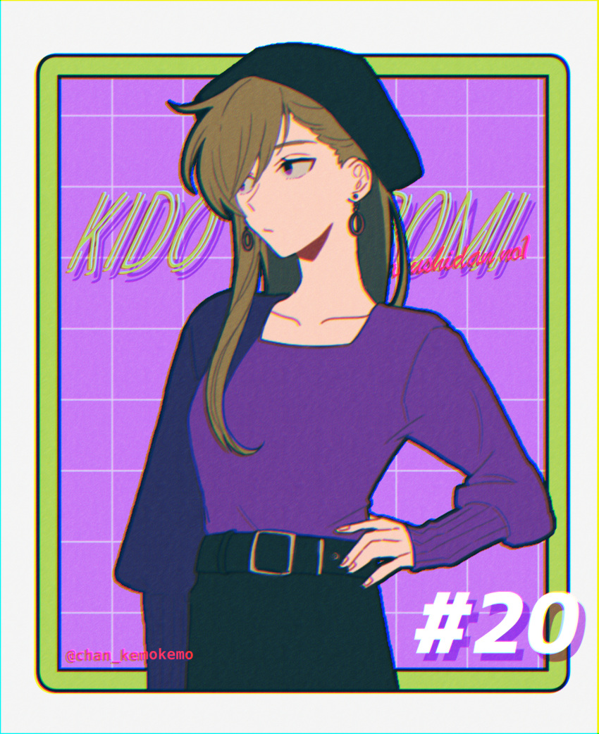 1girl arm_at_side bangs belt belt_buckle black_belt black_border black_headwear black_skirt border buckle casual character_name chromatic_aberration closed_mouth collarbone dangle_earrings earrings fingernails framed green_border green_hair grid_background hair_behind_ear hair_over_one_eye hair_over_shoulder hand_on_hip hat highres jewelry kagerou_project kido_tsubomi long_hair long_sleeves looking_to_the_side mekakucity_actors mokemoke_chan purple_background purple_eyes purple_shirt romaji_text shirt skirt solo swept_bangs tsurime twitter_username upper_body white_background