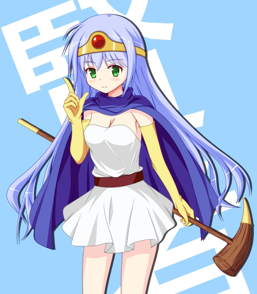 1girl belt blue_background blue_cape blue_hair blush breasts cape circlet cleavage dragon_quest dragon_quest_iii dress elbow_gloves gloves green_eyes highres holding holding_staff index_finger_raised kapy light_blue_background long_hair sage_(dq3) smile solo staff very_long_hair white_dress yellow_gloves